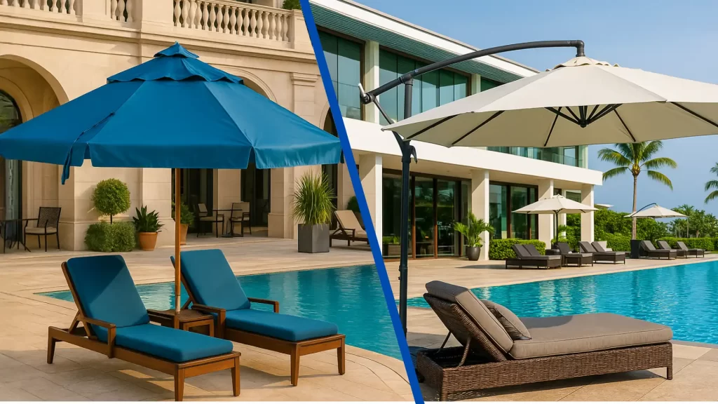 Imagem com um ombrelone tradicional à esquerda e, à direita, um ombrelone lateral, ambos posicionados próximos à piscina de um hotel luxuoso