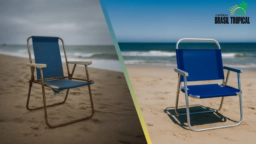 Duas cadeiras de praia em cenários diferentes, mostrando o contraste de uma cadeira bem cuidada e outra bem usada e mal cuidada.