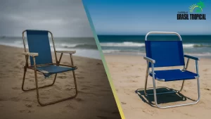 Duas cadeiras de praia em cenários diferentes, mostrando o contraste de uma cadeira bem cuidada e outra bem usada e mal cuidada.