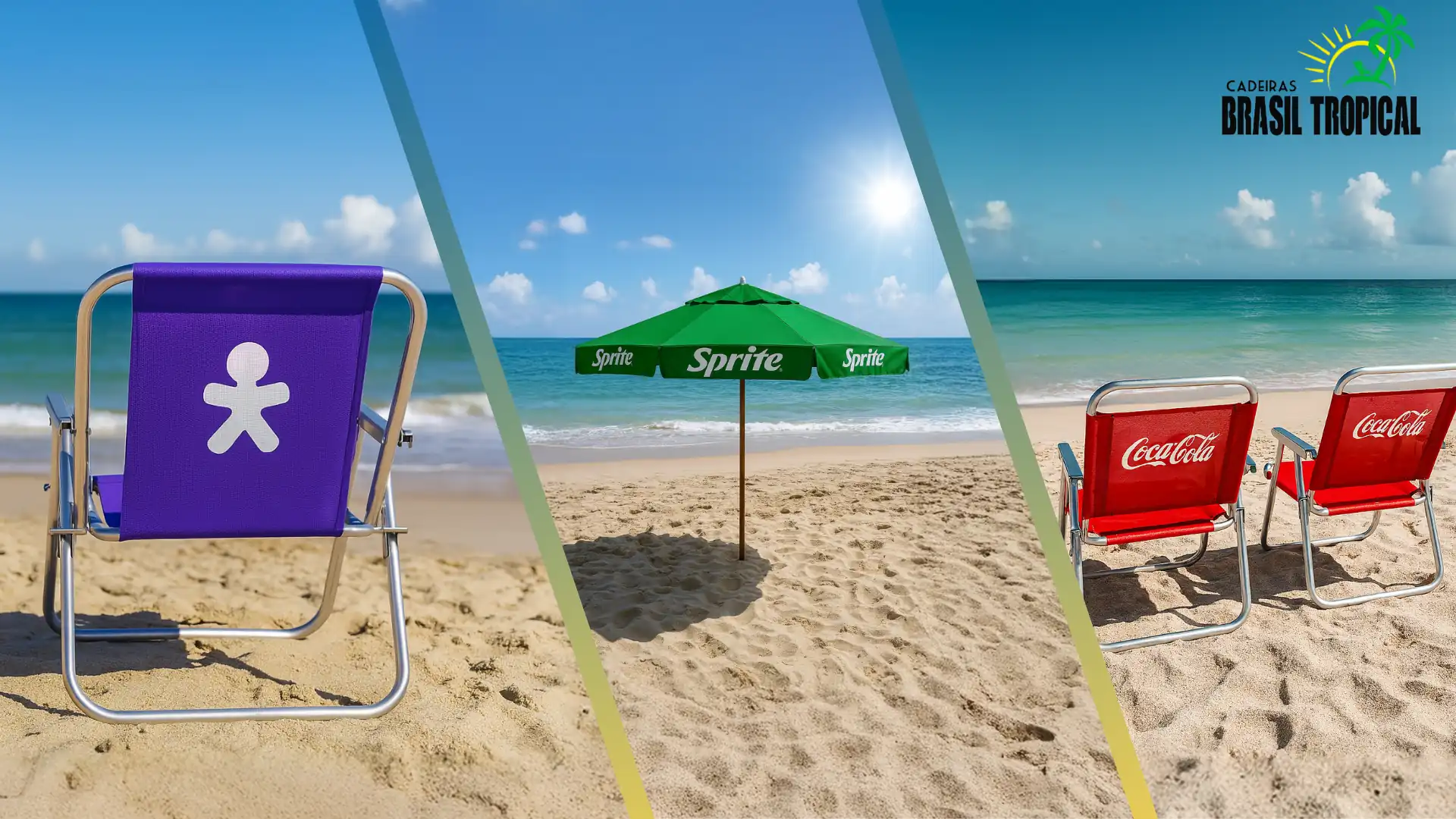 Imagem com 3 produtos personalizados dividos na mesma imagem, todos em um cenário de praia.