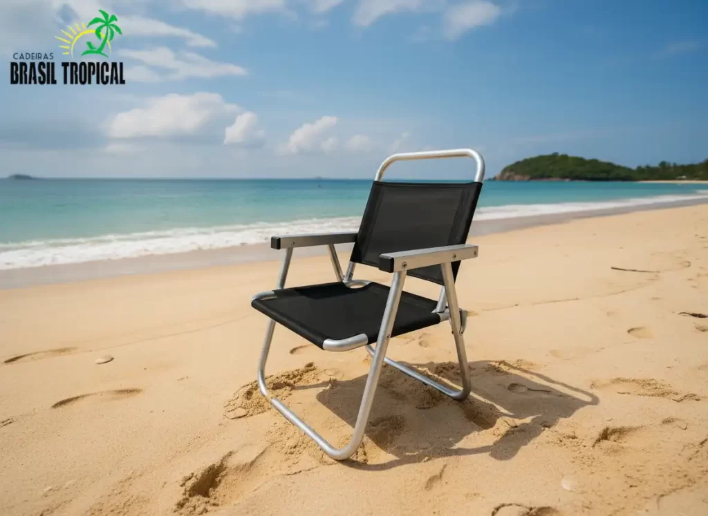 Cadeira de praia preta com estrutura de alumínio galvanizado na areia, voltada para o mar