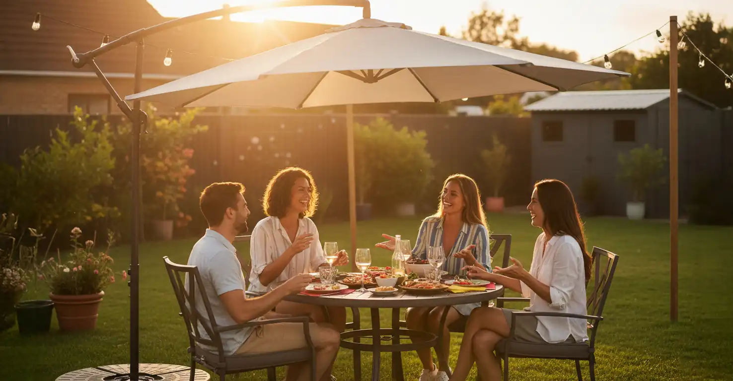 Quatro amigos felizes desfrutando de um jantar ao ar livre sob um ombrelone lateral cinza, com o sol do fim de tarde criando um brilho quente no jardim. Eles estão sentados em volta de uma mesa redonda com comida e vinho, enquanto luzes de festa adornam o fundo.