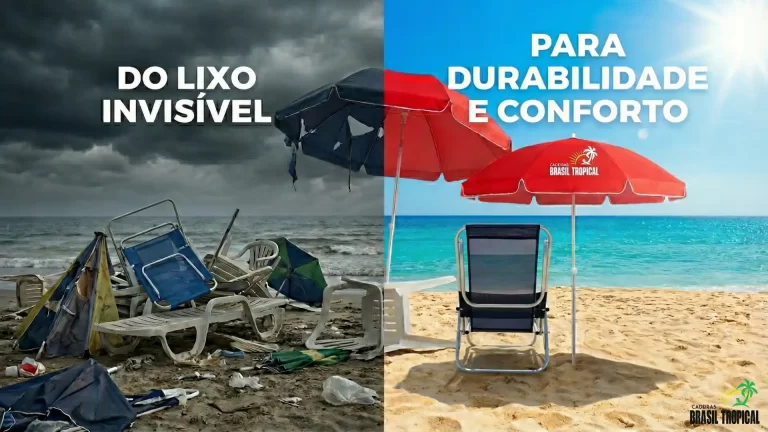 Banner comparativo 'DO LIXO INVISÍVEL PARA DURABILIDADE E CONFORTO'. O lado esquerdo, sob um céu escuro e tempestuoso, mostra uma praia poluída com entulho de cadeiras e guarda-sóis quebrados. O lado direito, sob um céu ensolarado, exibe uma praia limpa com um guarda-sol vermelho da marca Cadeiras Brasil Tropical e uma cadeira de praia nova, simbolizando qualidade e sustentabilidade. O logotipo da Cadeiras Brasil Tropical está no canto inferior direito.