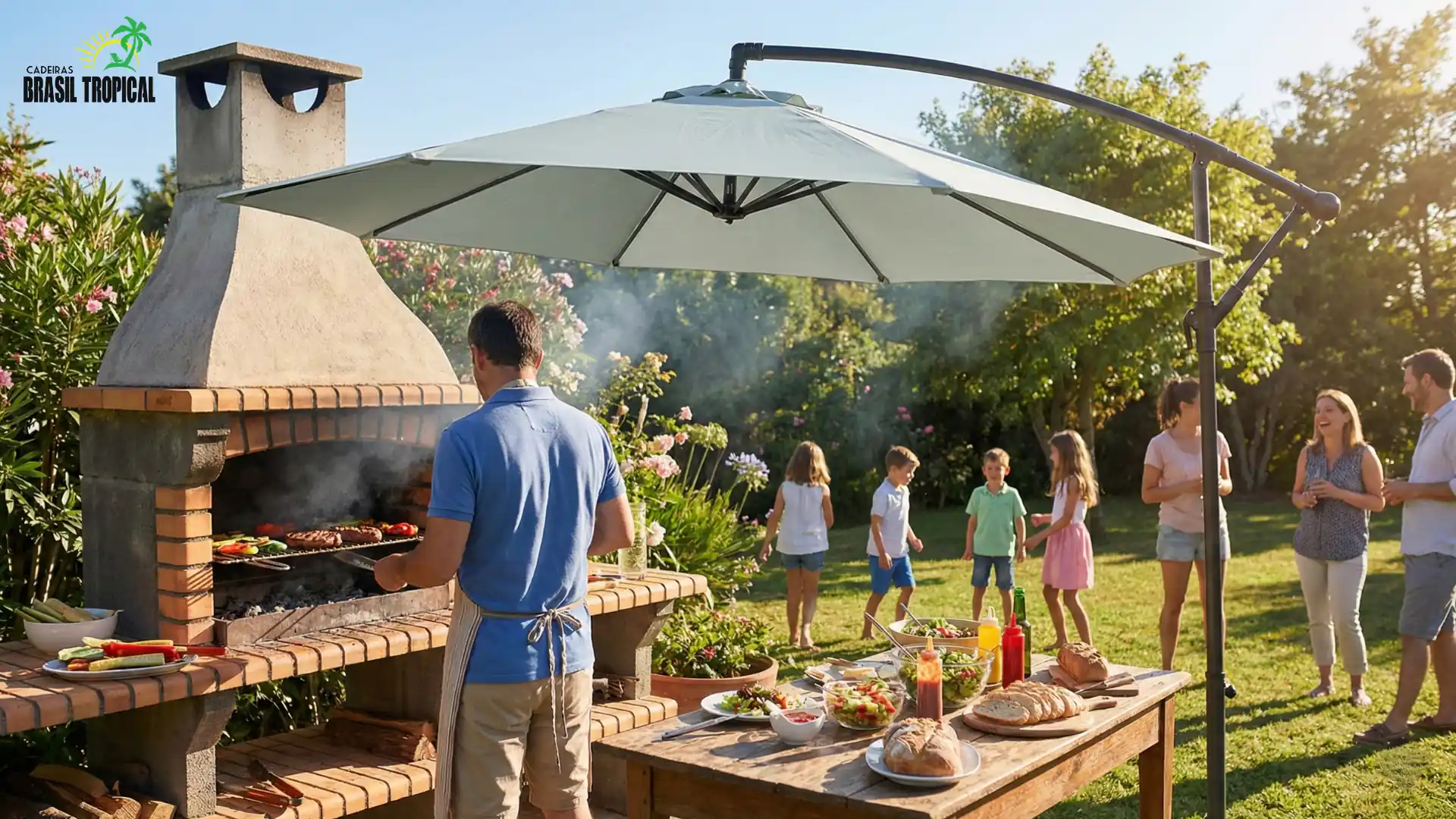 Ombrelone lateral cinza claro aberto em um quintal ensolarado, projetando sombra sobre uma pessoa de costas fazendo churrasco em um ambiente familiar.