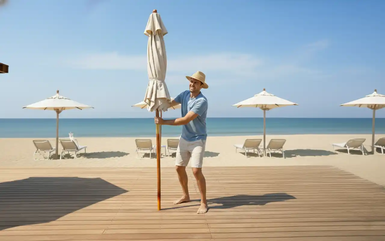 Homem montando um ombrelone de praia em deck de madeira à beira-mar, com cadeiras de praia e outros ombrelones ao fundo em um dia ensolarado.