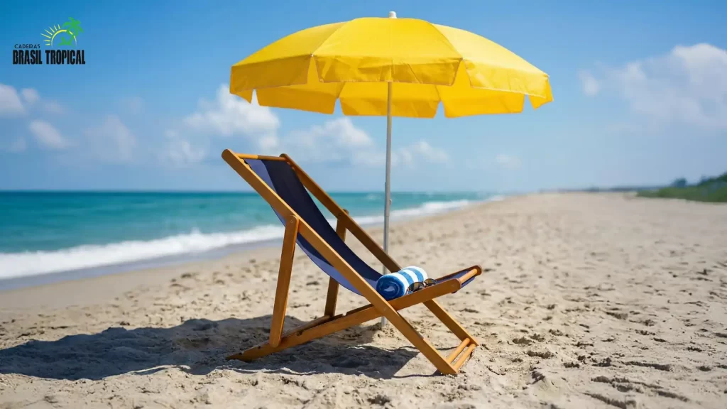kit de praia em um dia ensolarado, apresentando uma espreguiçadeira de madeira com lona azul marinho posicionada ao lado de um guarda-sol amarelo vibrante