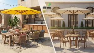 Comparação entre ombrelone redondo amarelo e ombrelone quadrado bege em área externa com mesas e cadeiras